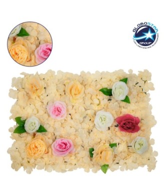 GloboStar® 78308 Συνθετικό Πάνελ Λουλουδιών - Κάθετος Κήπος Τριαντάφυλλο - Ορτανσία - Παιώνια Μ60 x Υ40 x Π7cm